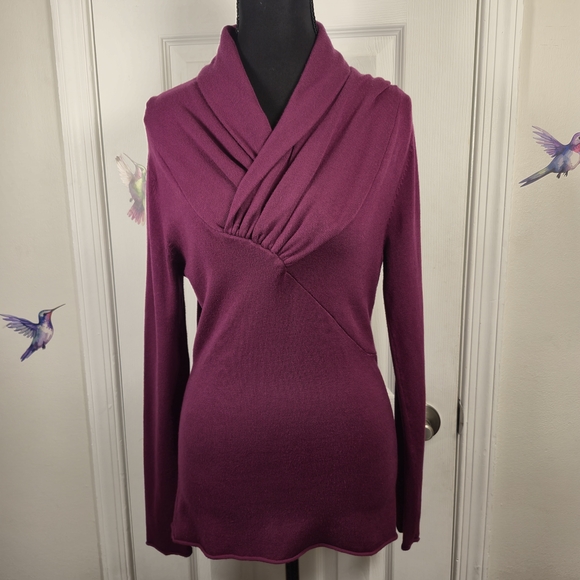Cyrus Sweaters - Cyrus Plum Ruched Surplice V-Neck Long Sleeve Knit Sweater Medium